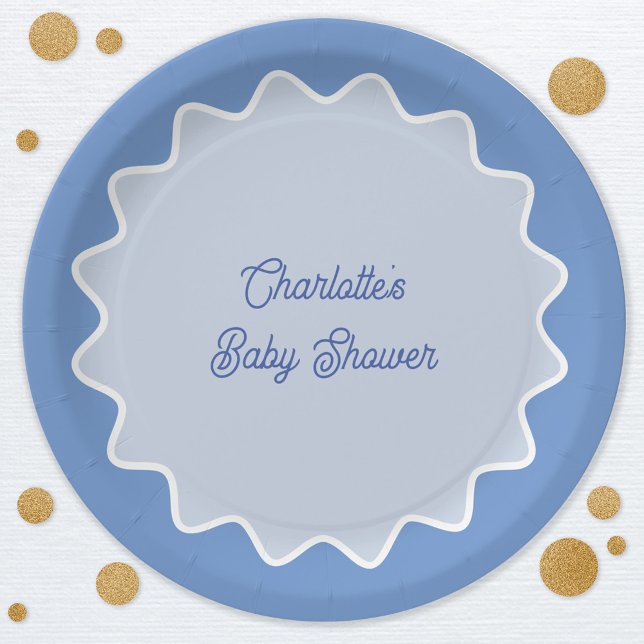 Plato De Papel Baby Shower de curva azul de borde ondulado retro (Retro modern blue wavy curve border custom text baby shower paper plates)