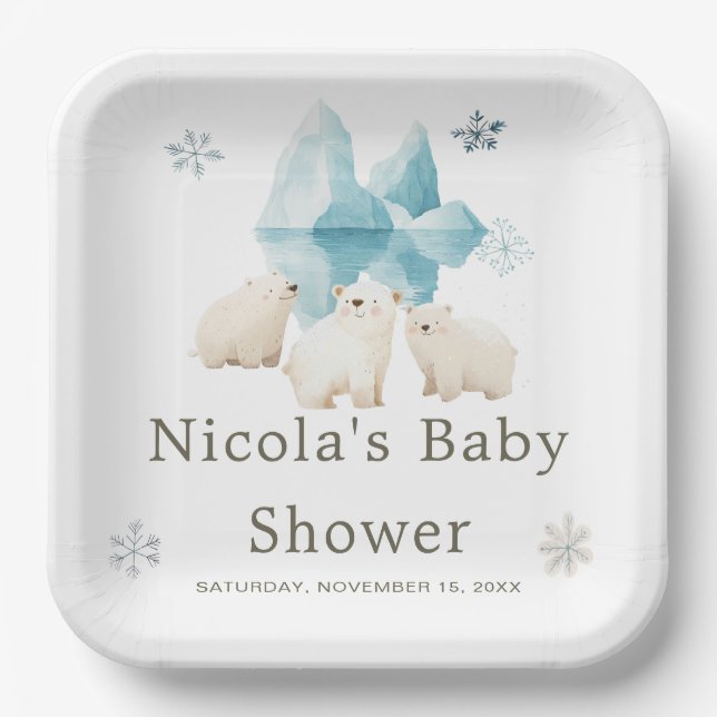 Plato De Papel Baby Shower de Cute Winter Polar Bears (Anverso)