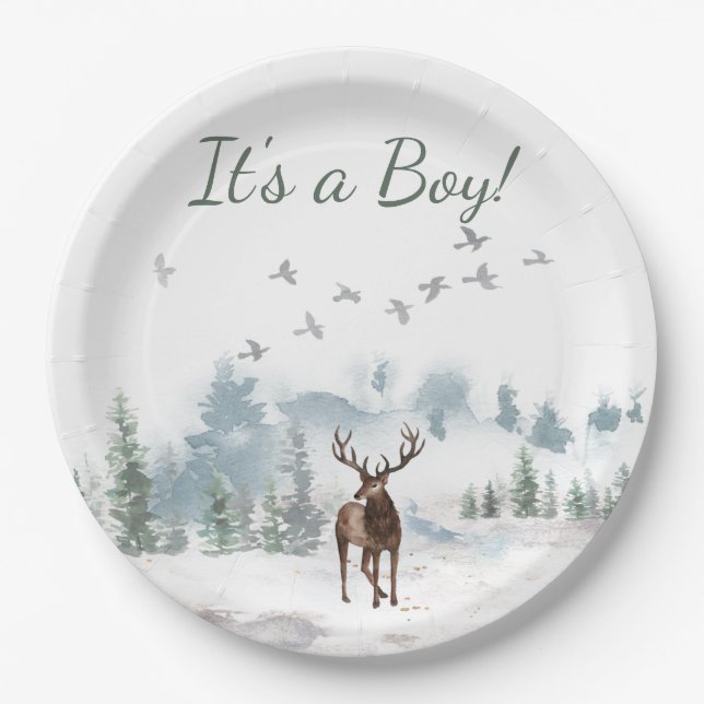 Plato De Papel Baby Shower de Deer Boy Country Woodland Forest  (Anverso)