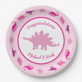 Plato De Papel Baby Shower de dinosaurios rosados