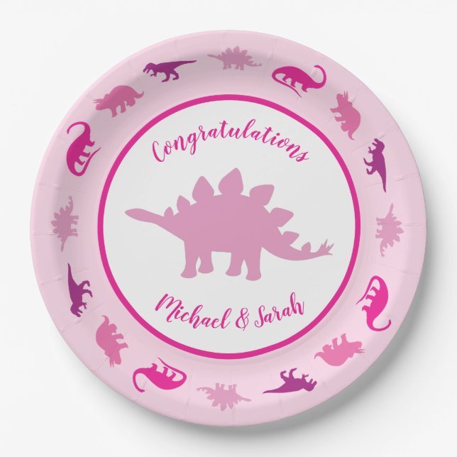 Plato De Papel Baby Shower de dinosaurios rosados (Anverso)