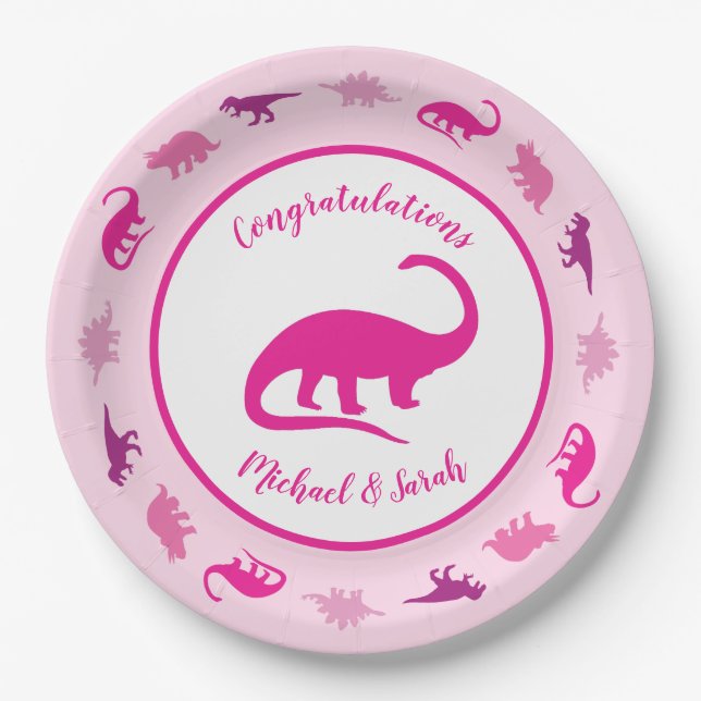 Plato De Papel Baby Shower de dinosaurios rosados (Anverso)