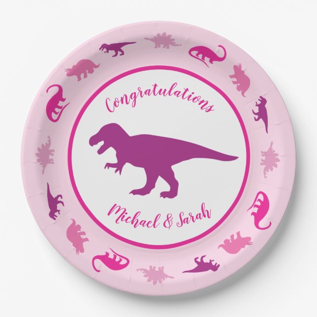 Plato De Papel Baby Shower de dinosaurios rosados (Anverso)