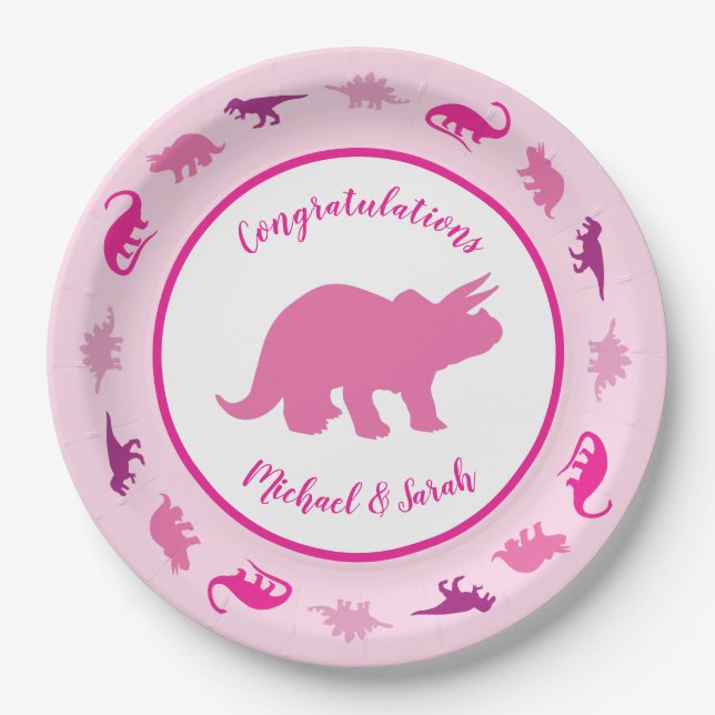 Plato De Papel Baby Shower de dinosaurios rosados (Anverso)