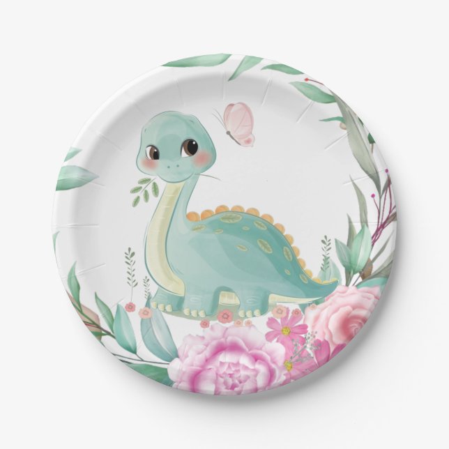 Plato De Papel Baby Shower de dinosaurios y peones rosados (Anverso)