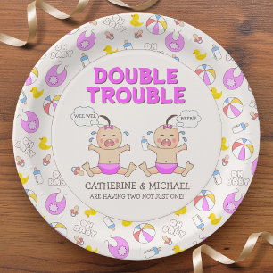 Plato De Papel Baby Shower de doble problema para Chicas gemelos