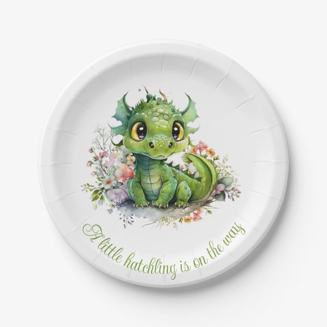 Plato De Papel Baby Shower de Dragon Verde Bebé (Anverso)