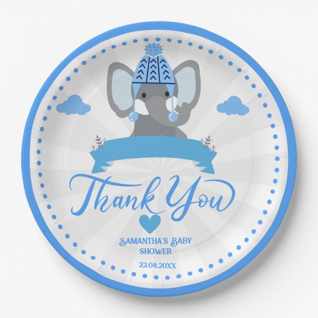 Plato De Papel Baby Shower de elefante azul ruso personalizado (Anverso)