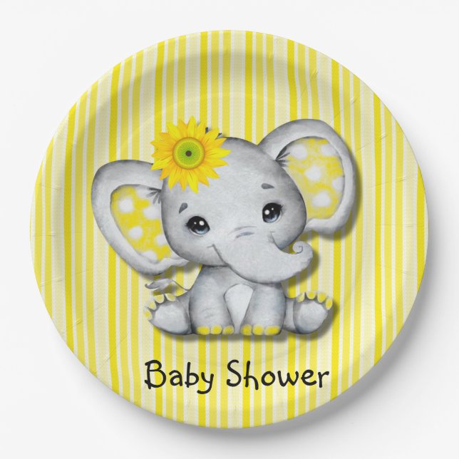Plato De Papel Baby Shower de elefante de girasol amarillo (Anverso)