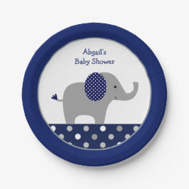 Plato De Papel Baby Shower de elefante de punto de polka azul de 