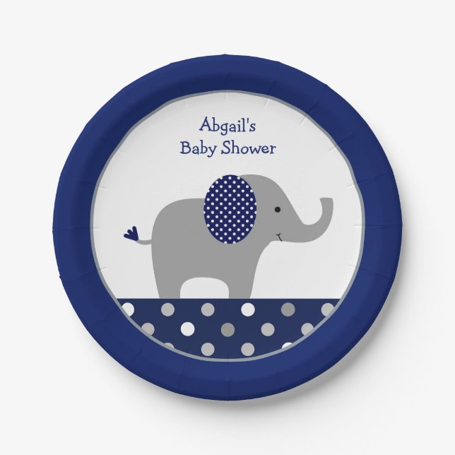 Plato De Papel Baby Shower de elefante de punto de polka azul de  (Anverso)