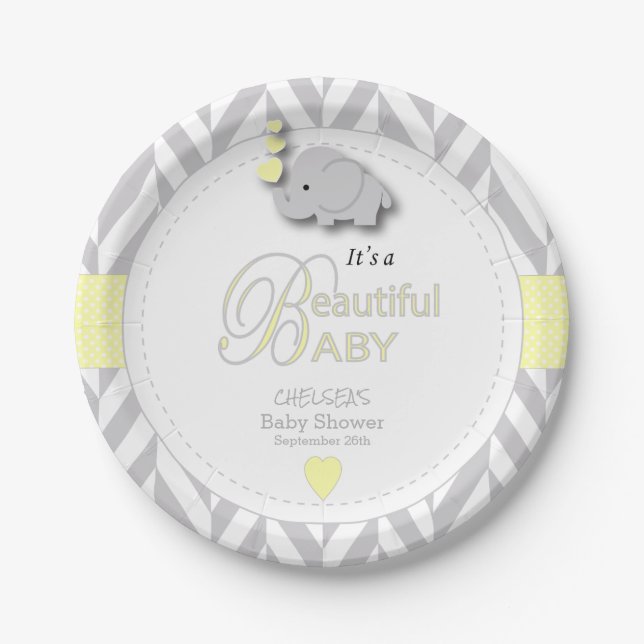 Plato De Papel Baby Shower de elefante gris blanco amarillo (Anverso)