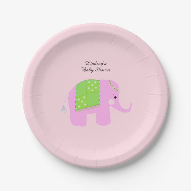 Plato De Papel Baby Shower de Elefante Indio Rosa (Anverso)