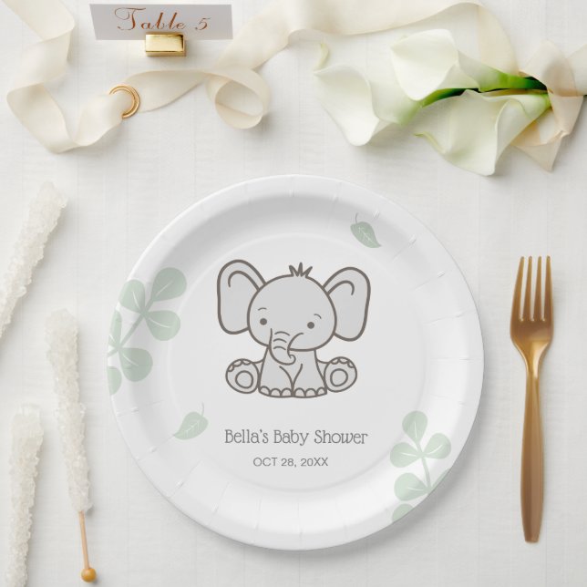 Plato De Papel Baby Shower de Elefante Neutral de Género (Boda)