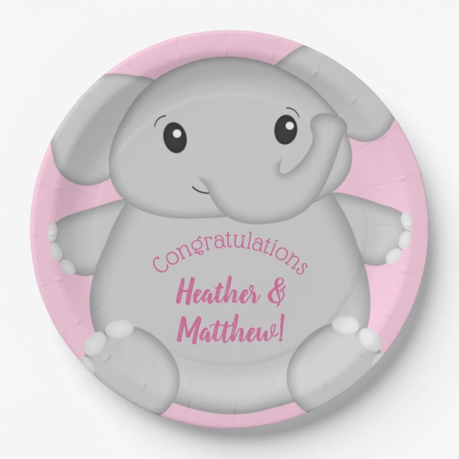 Plato De Papel Baby Shower de Elefante Rosa (Anverso)