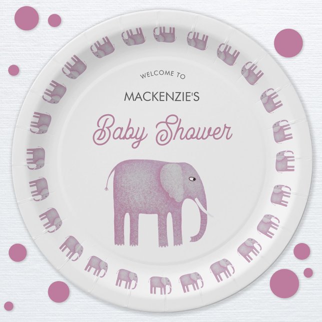 Plato De Papel Baby Shower de Elefante Rosa (Pink watercolor elephant baby shower paper party plate)