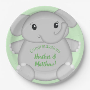 Plato De Papel Baby Shower de Elefante Verde