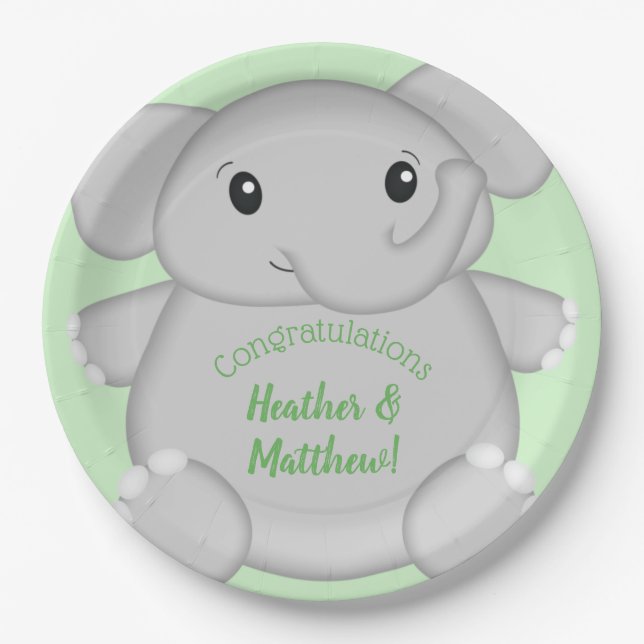 Plato De Papel Baby Shower de Elefante Verde (Anverso)