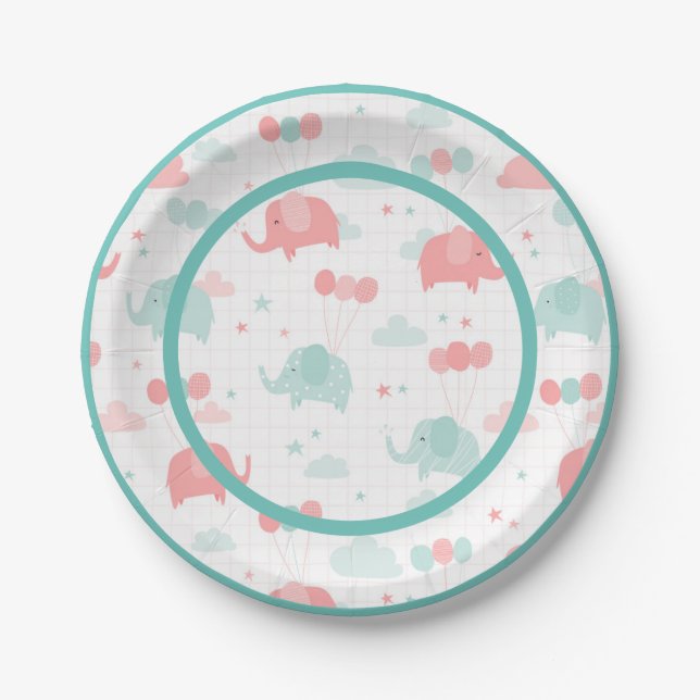 Plato De Papel Baby Shower de elefante verde rosado (Anverso)