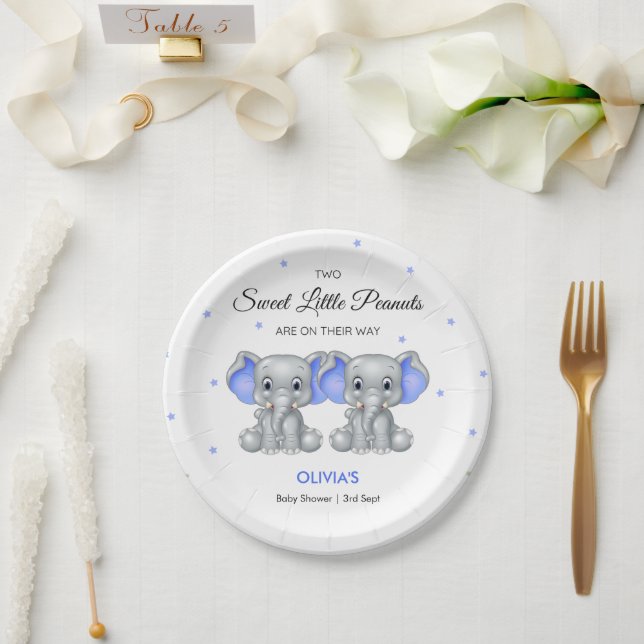 Plato De Papel Baby Shower de elefantes azules gemelos (Boda)
