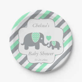 Plato De Papel Baby Shower de elefantes de tiras blancas, verdes 