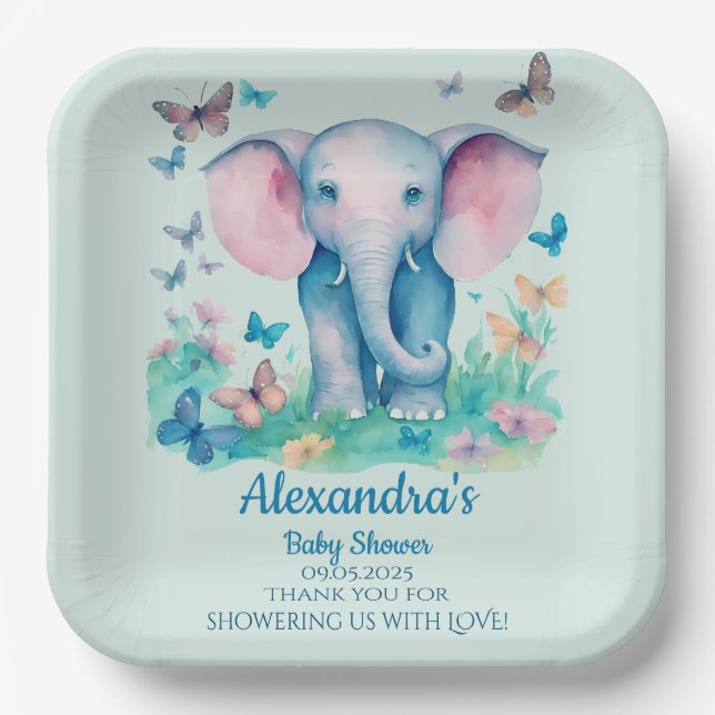 Plato De Papel Baby Shower de Elephant Bebé Azul (Anverso)