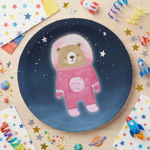 Plato De Papel Baby Shower de espacio de oso astronauta rosa