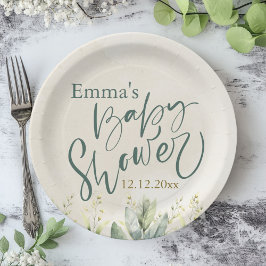 Plato De Papel Baby Shower de eucalipto verde