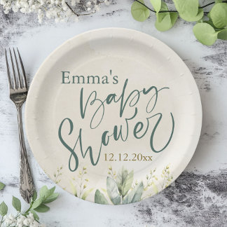 Plato De Papel Baby Shower de eucalipto verde
