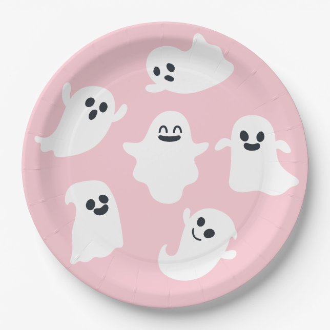 Plato De Papel Baby Shower de Fantasma Rosa Cuta Halloween (Anverso)