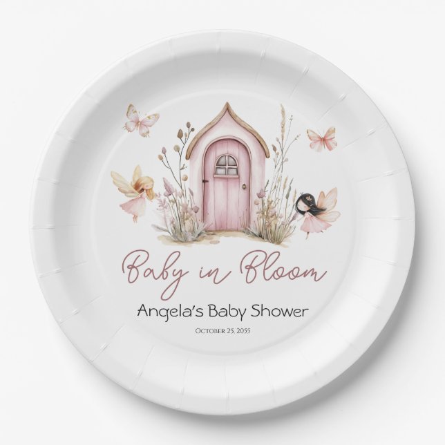 Plato De Papel Baby Shower de Fechas de Pink Woodland (Anverso)