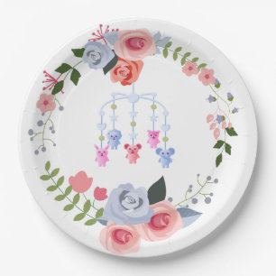 Plato De Papel Baby Shower de Floral móvil para bebés animales