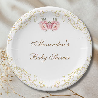Plato De Papel Baby Shower de Flores Vintage Pink Peony Rococo