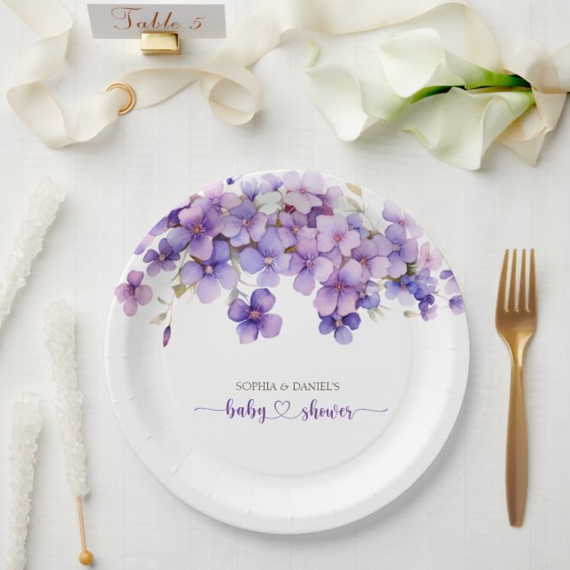 Plato De Papel Baby Shower De Flores Violetas Delicadas De Primav (Boda)