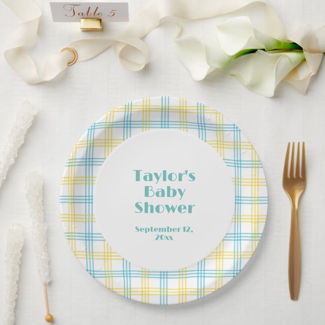 Plato De Papel Baby Shower de franjas amarillas blancas (Boda)