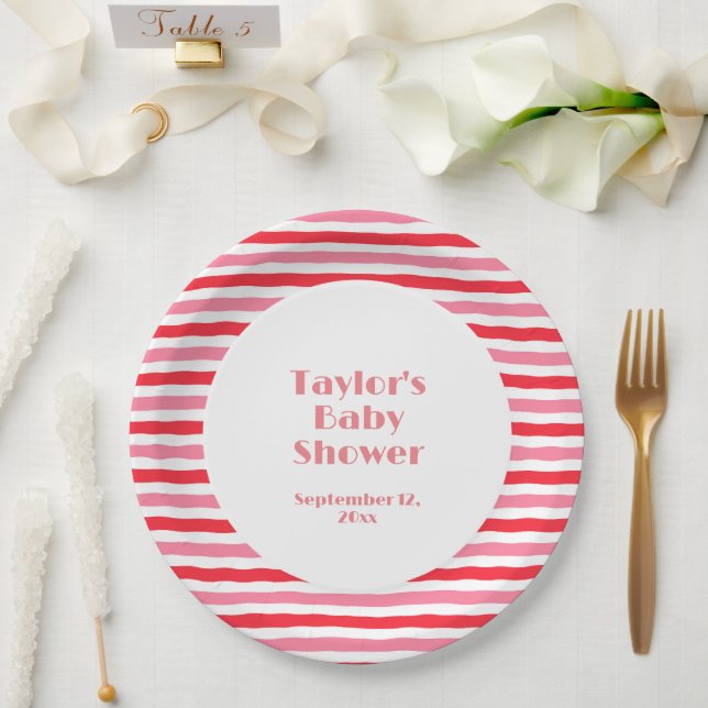 Plato De Papel Baby Shower de franjas rosadas rojas blancas (Boda)