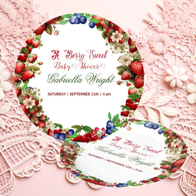Plato De Papel Baby Shower de fresa roja | Blue Berry Sweet Cute (Red Strawberry Baby Shower | Blue Berry Sweet Cute Paper Plates)