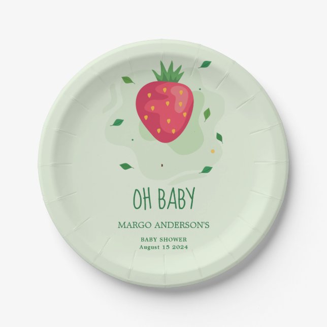 Plato De Papel Baby Shower de fresa verde rojo (Anverso)