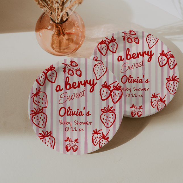 Plato De Papel Baby Shower de fresas rojas rosadas de mano (Subido por el creador)