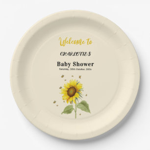Plato De Papel Baby Shower de girasol acuarela y mariposas