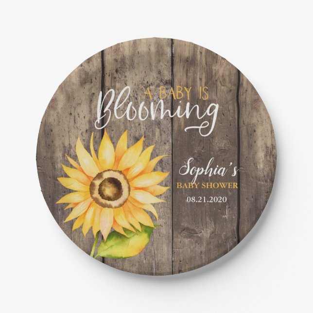 Plato De Papel Baby Shower de girasol amarillo ruso (Anverso)