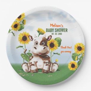 Plato De Papel Baby Shower de girasol para vaca marrón