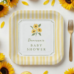 Plato De Papel Baby Shower de Girasoles y Rayas Amarillas