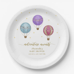 Plato De Papel Baby Shower de globo aerostático elegante Gold Vin