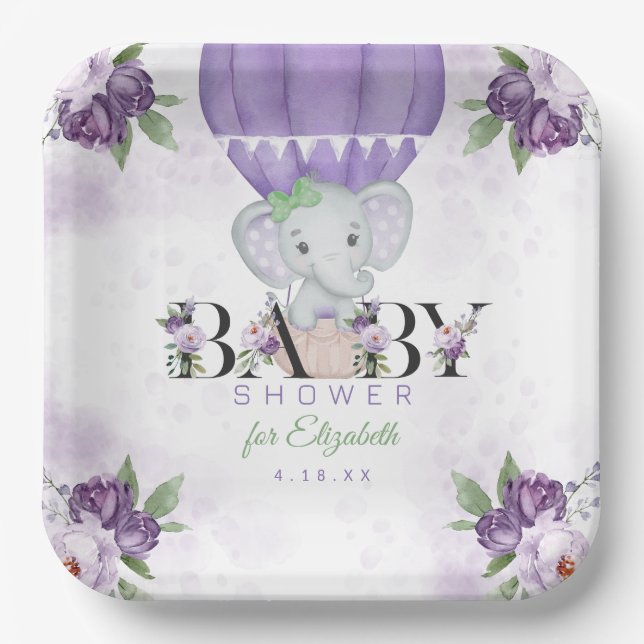 Plato De Papel Baby Shower de globo de aire caliente de Elefante  (Anverso)