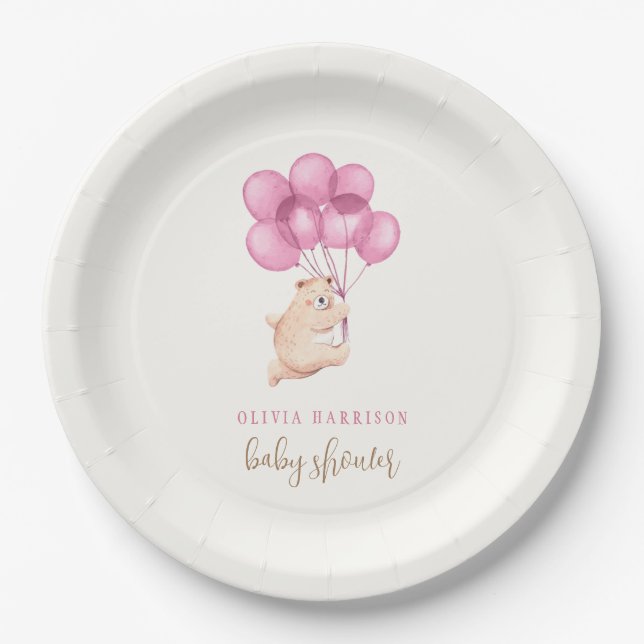 Plato De Papel Baby Shower de globo rosa de oso simple lindo (Anverso)