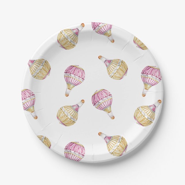 Plato De Papel Baby Shower de globos de aire caliente de oro rosa (Anverso)