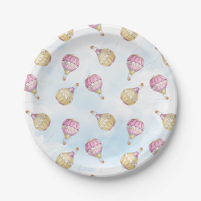 Plato De Papel Baby Shower de globos de aire caliente de oro rosa (Anverso)