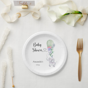 Plato De Papel Baby Shower de globos y elefantes