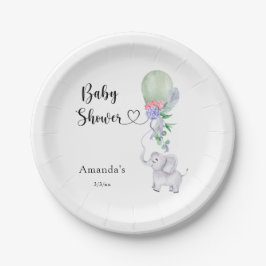 Plato De Papel Baby Shower de globos y elefantes